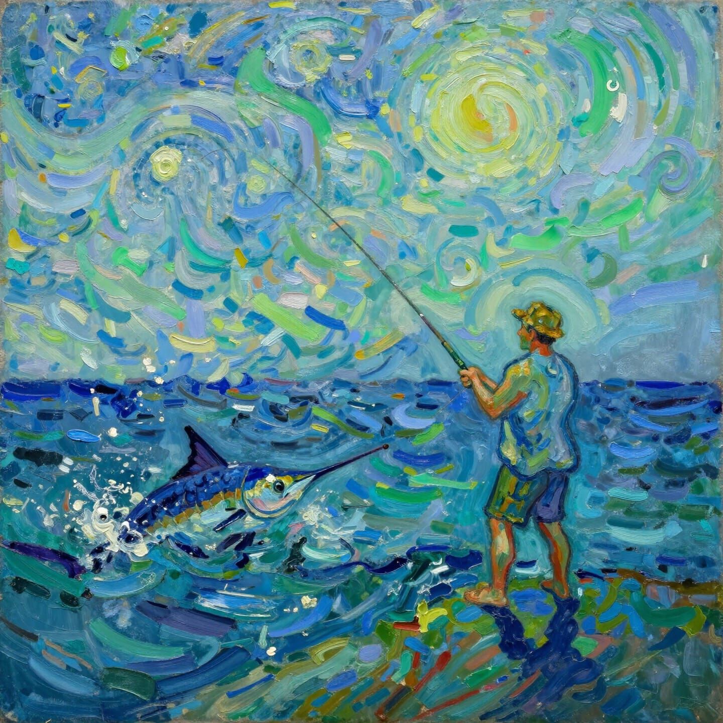 Fisherman Battles Abstract Sea in Van Gogh Style
