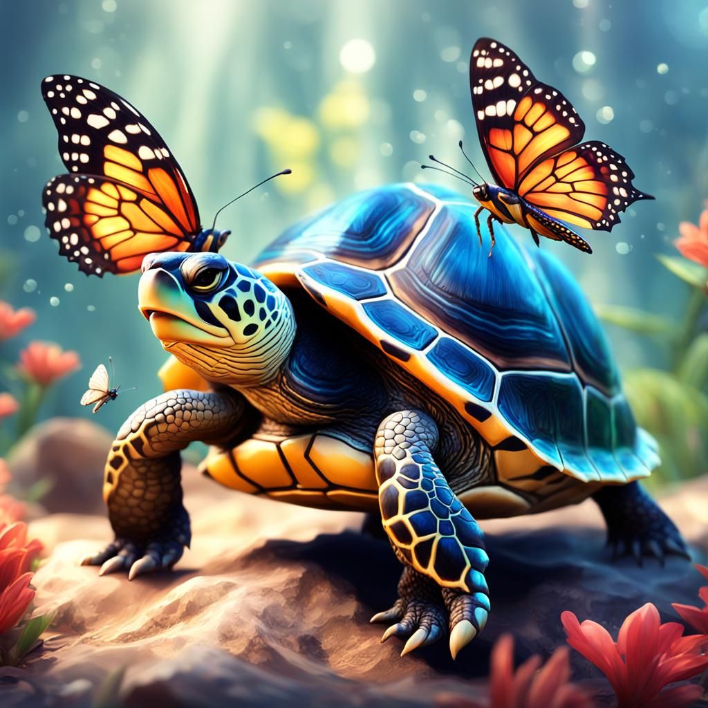 Turtle and Butterfly Portrait in Art Nouveau Style