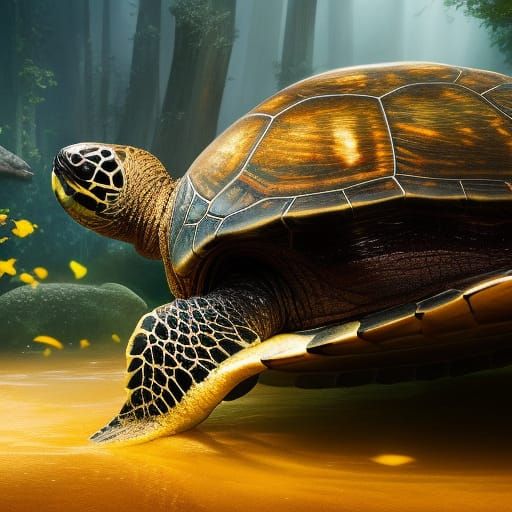 Turtle Escaping Yellow Soup: A Fantastical Digital Painting
