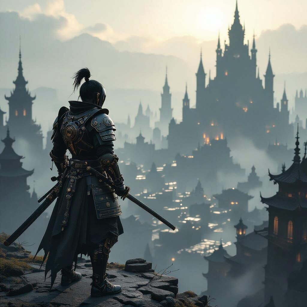 Steampunk Samurai Overlooks Gothic Cityscape