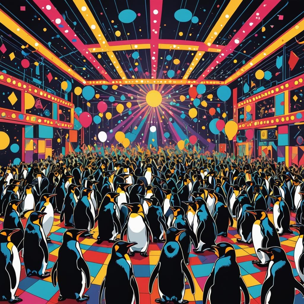 Penguin Party in a Disco Club: Pop Art
