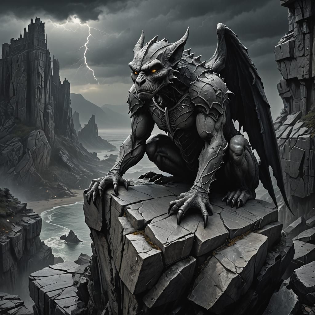 Gothic Gargoyle on Ancient Cliff in Dark Fantasy Style