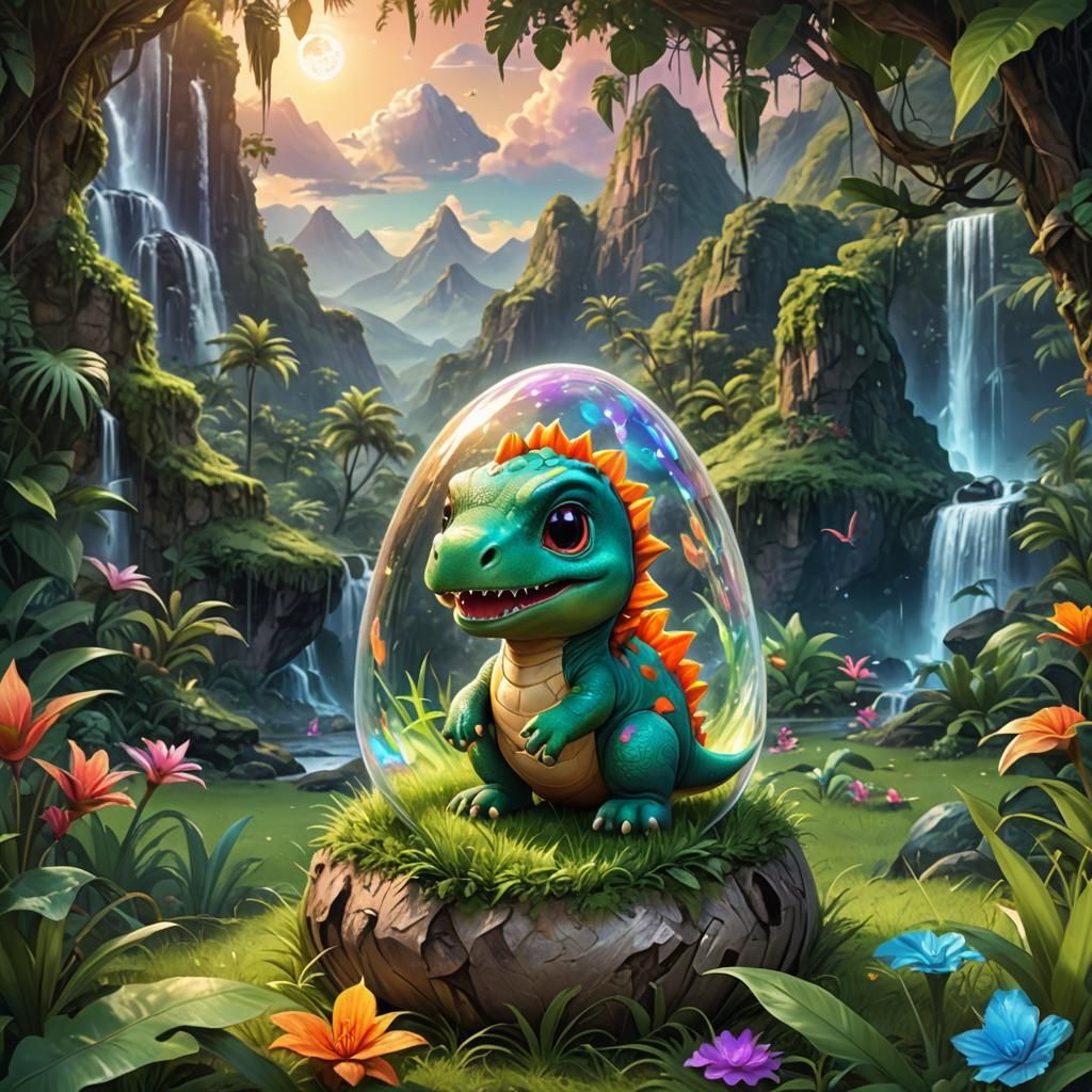 Chibi Dinosaur Hatching in Jungle, Astral Illustration