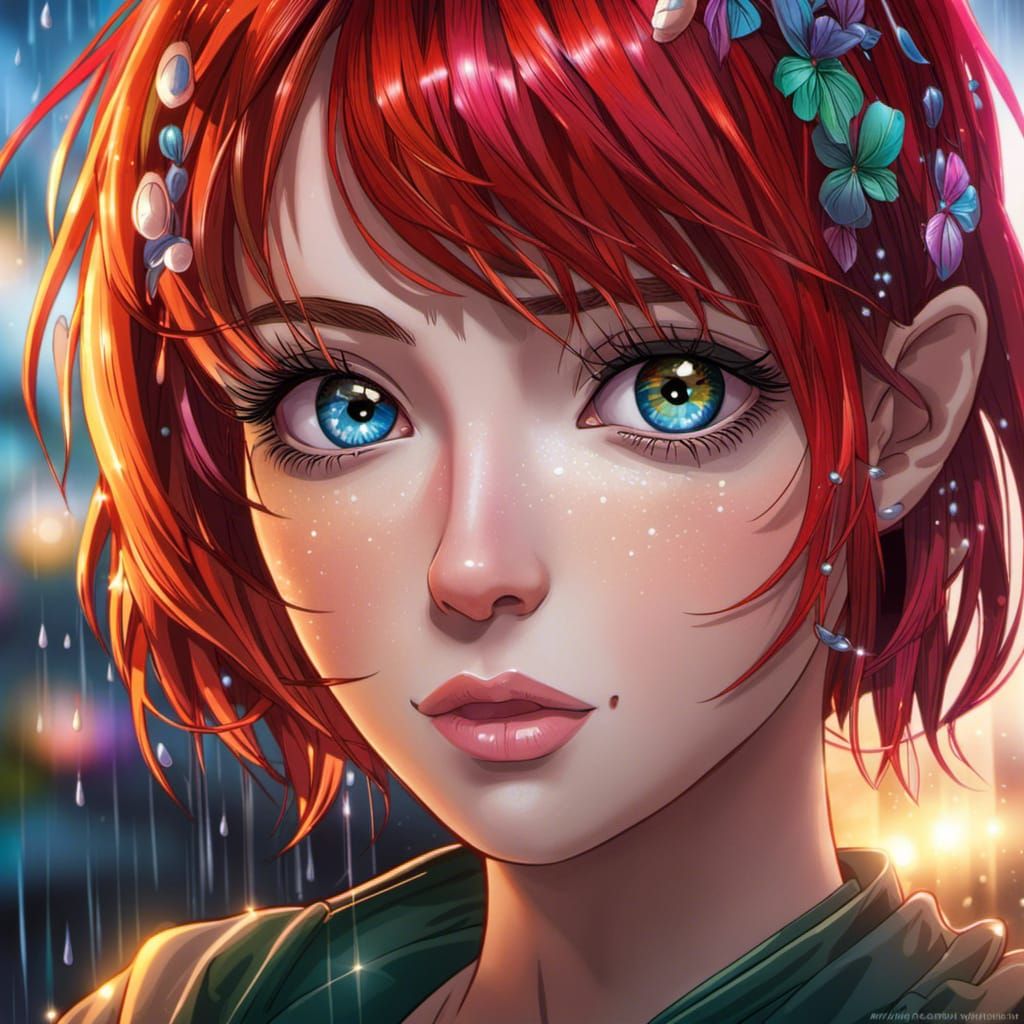 Anime Portrait: Red Hair, Rainbow Eyes, Rain