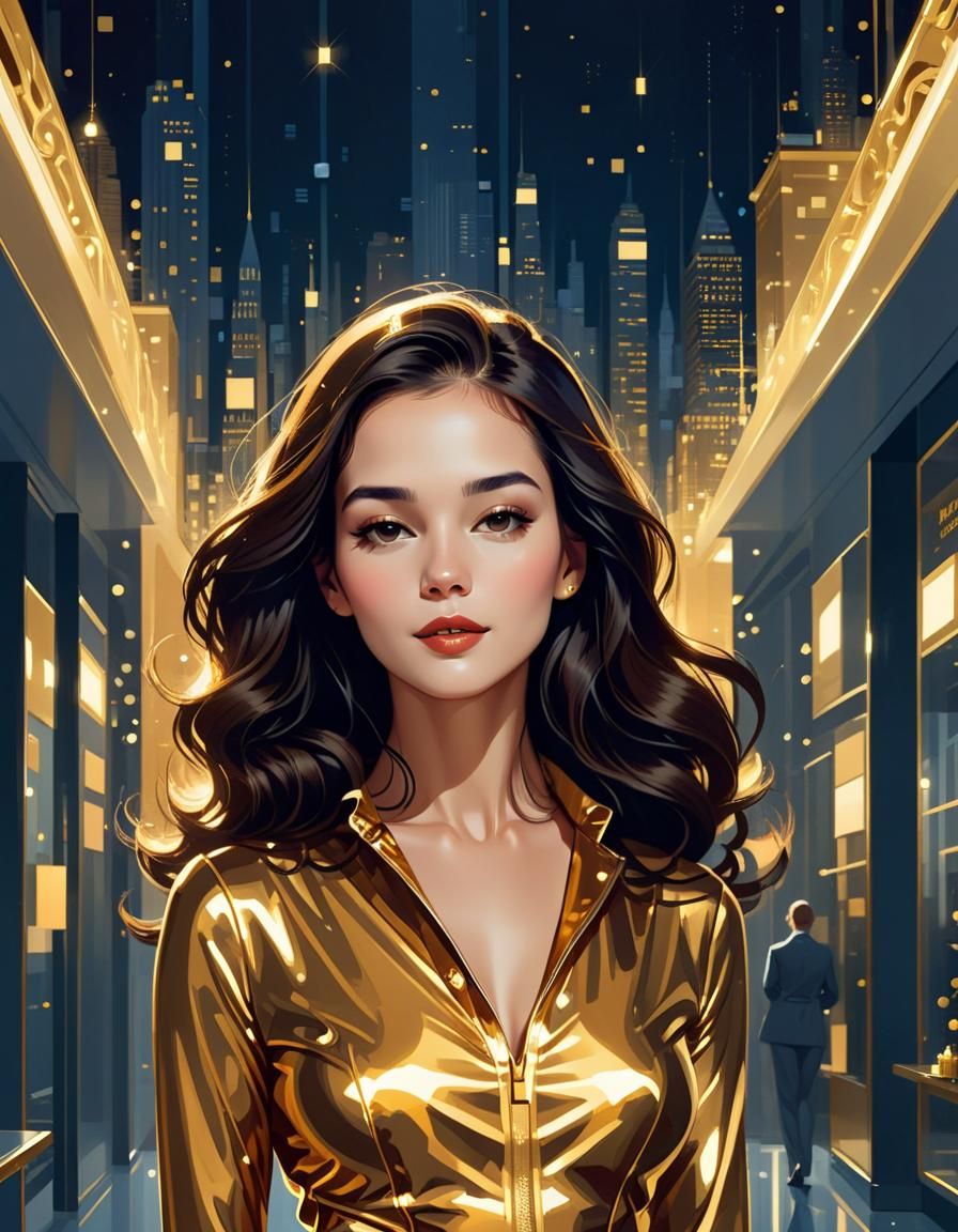 Woman in Gold Jumpsuit: Digital Illustration