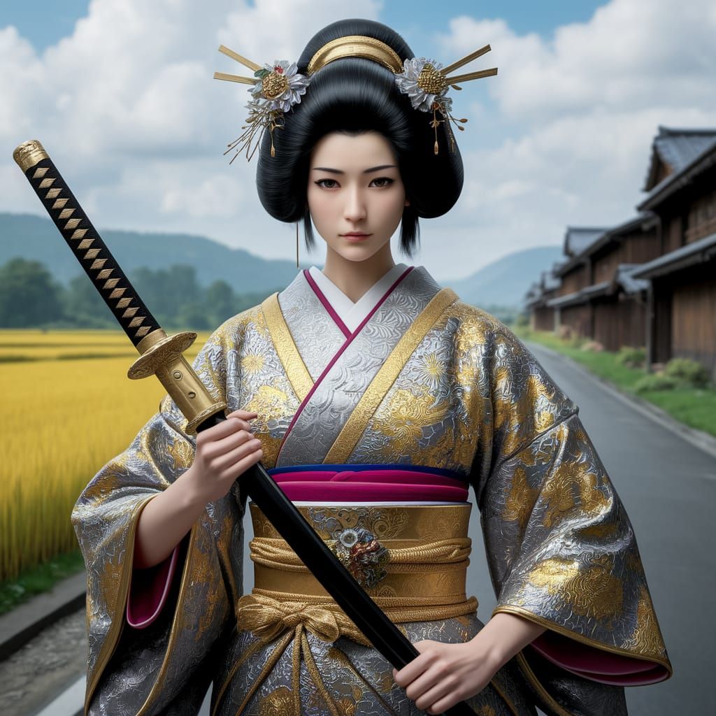 Historiated Japanese Katana Wielding Swordwoman Walks Edo St...