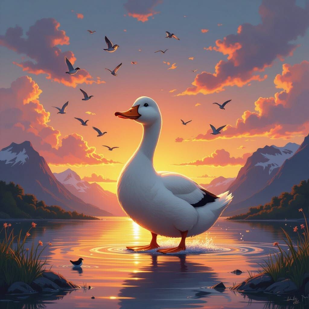 Colossal Duck Struts in Fjord Pond at Sunset