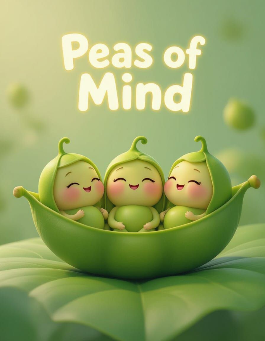 Three Smiling Peas Meditating on Leaf in Pixar Style