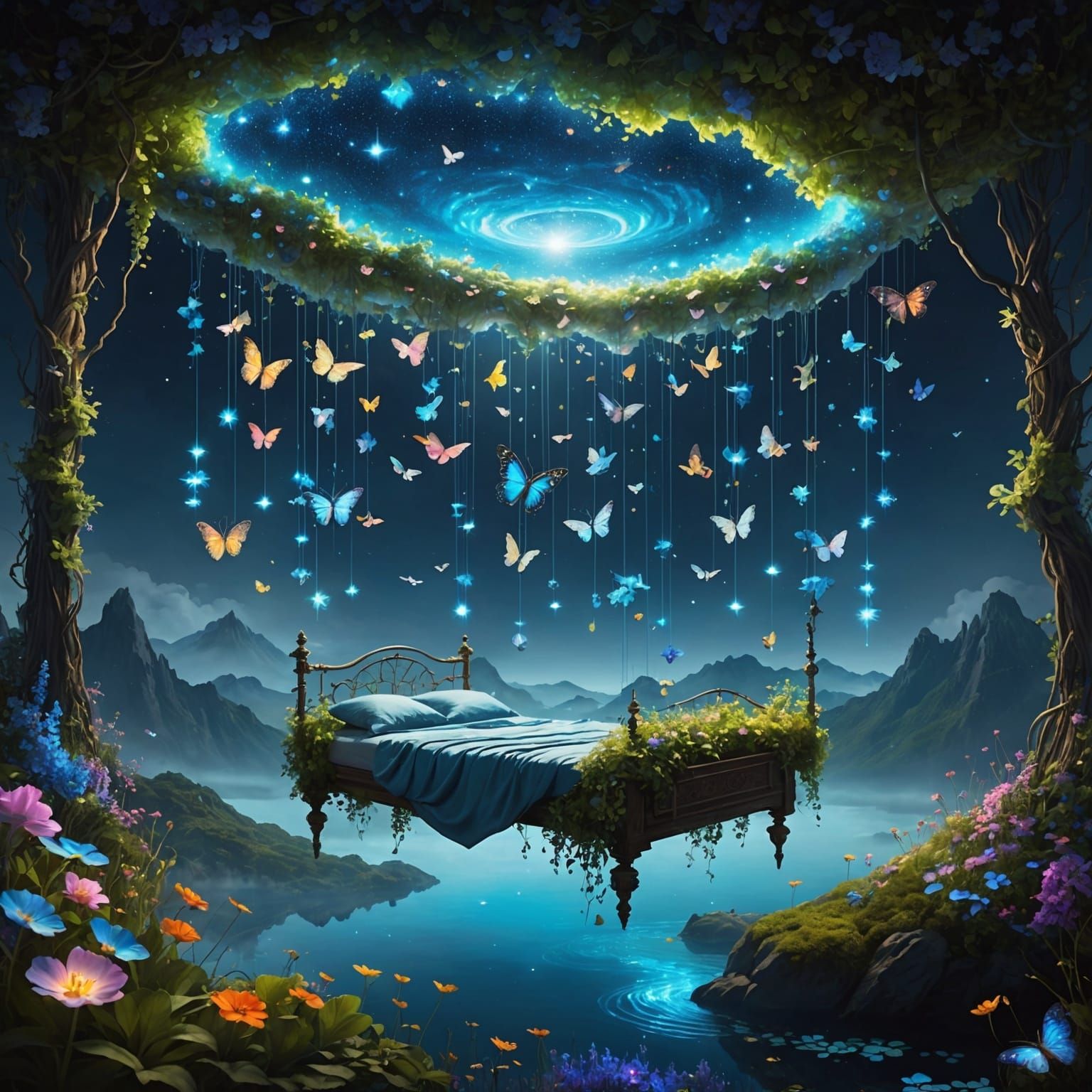 Ethereal Floating Garden with Bioluminescent Flowers