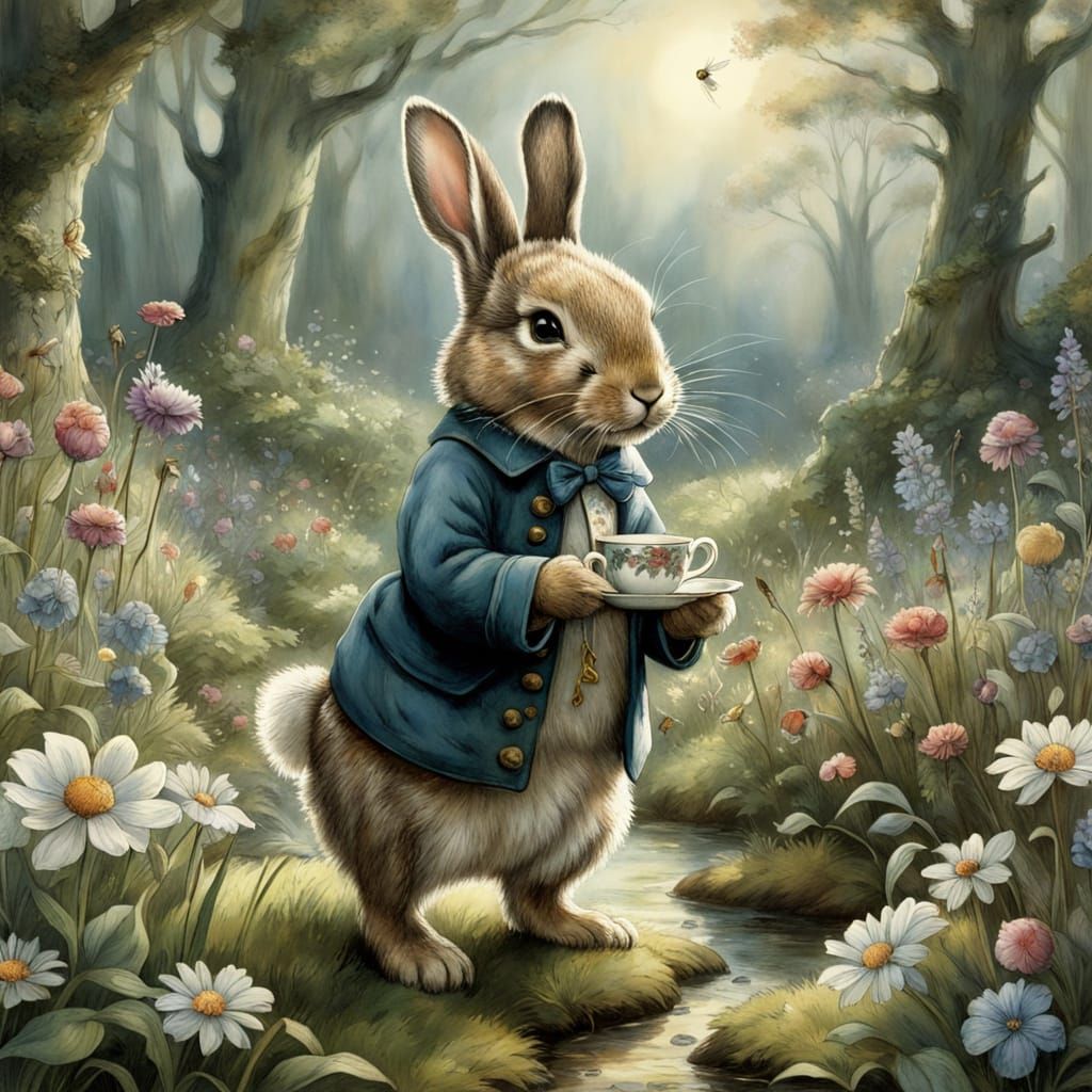 Whimsical Bunny Gathering in a Vibrant Meadow