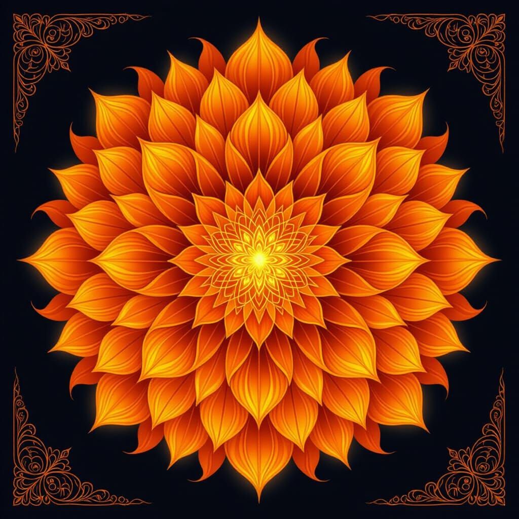 Fiery Mandala with Floral Petals in Digital Art Style