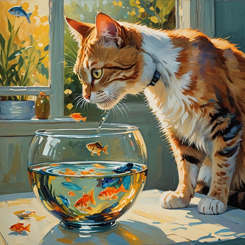 Cat and Fishbowl in Impressionist Oil Painting
