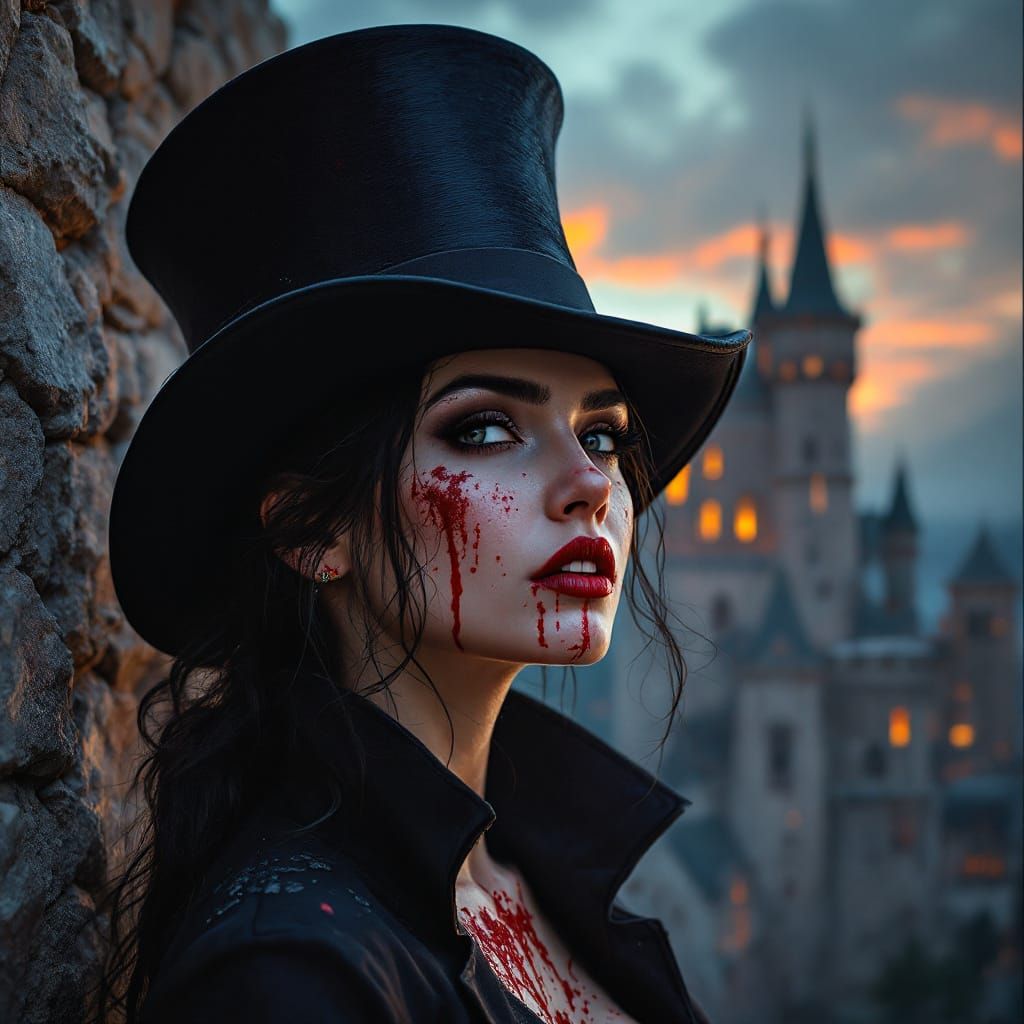 Dark Fantasy Vampire Outside Castle in Top Hat