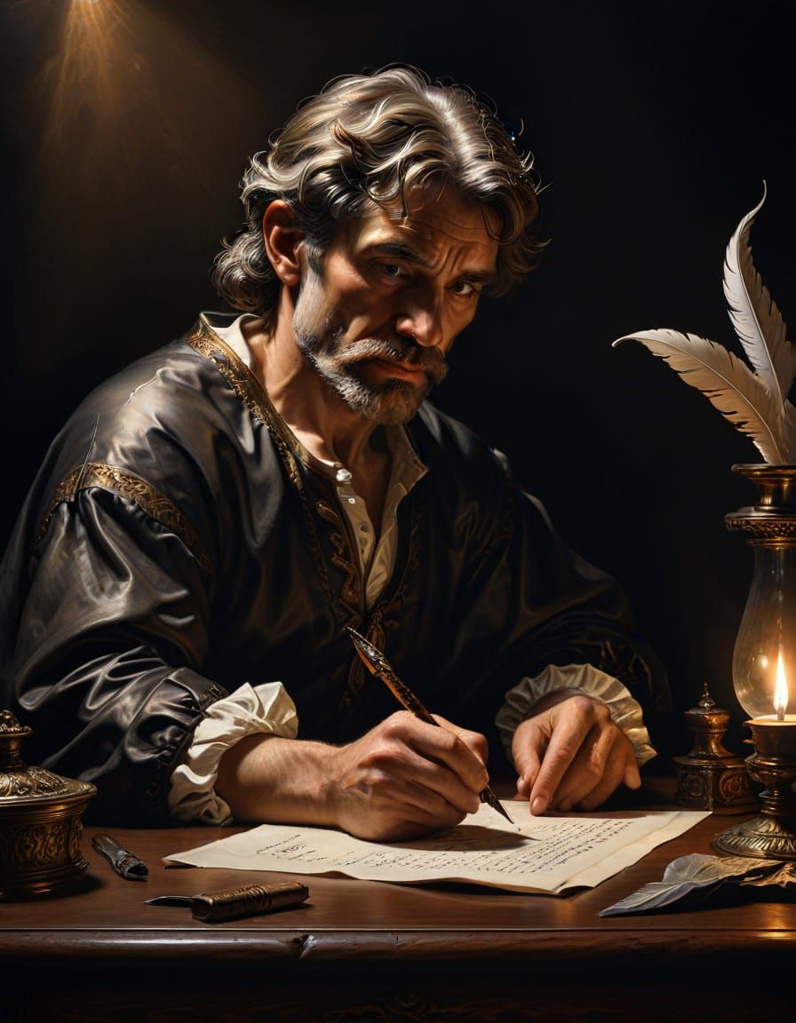 Renaissance Masterpiece: Man Writing with Quill