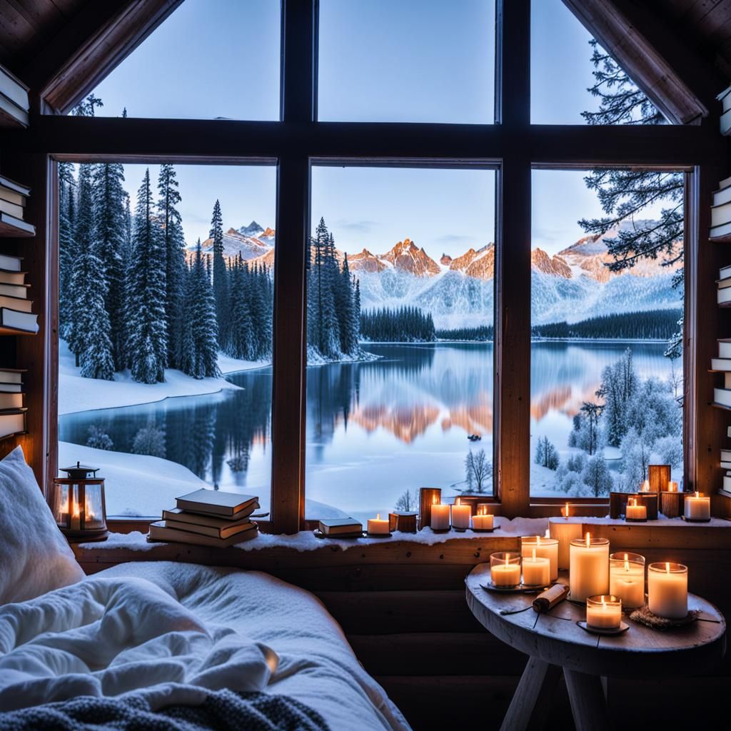 Cozy Winter Cabin Bedroom with Snowy Lake View