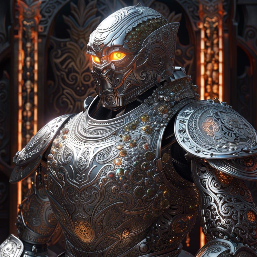 Holographic Silver Golem Portrait in Detailed Mixed Media