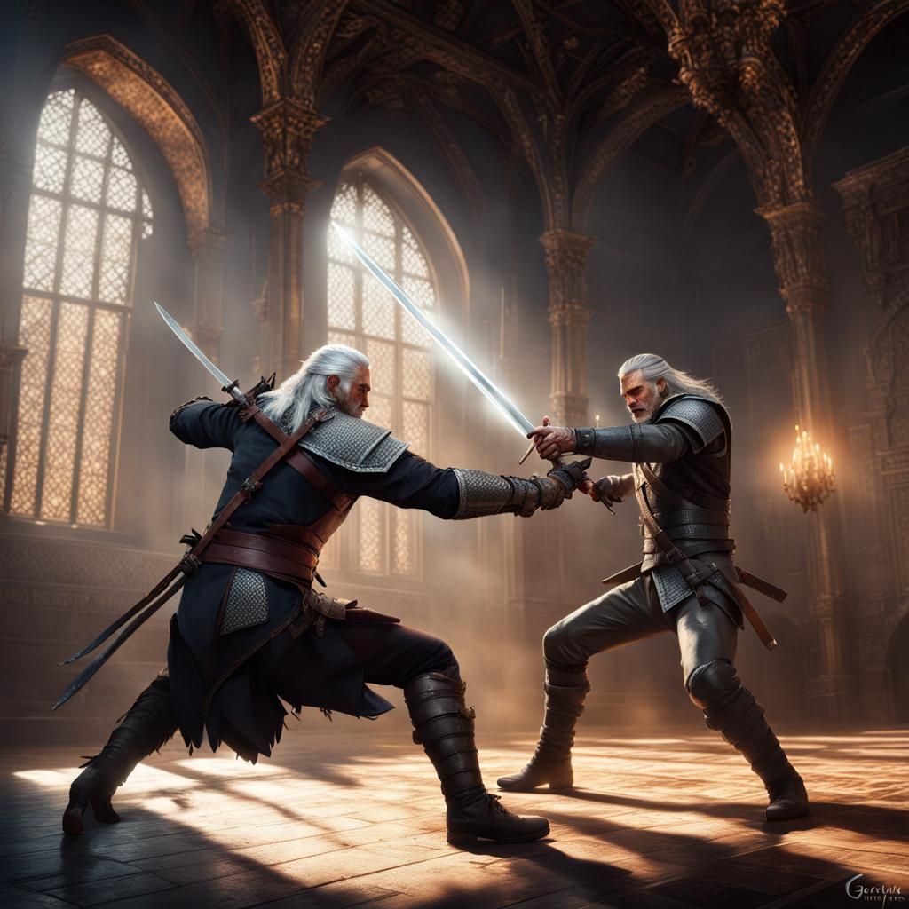 a hyper realistic image of geralt of rivia defending against...