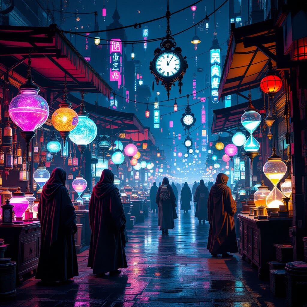 Surreal Futuristic Bazaar at Night with Glowing Stalls