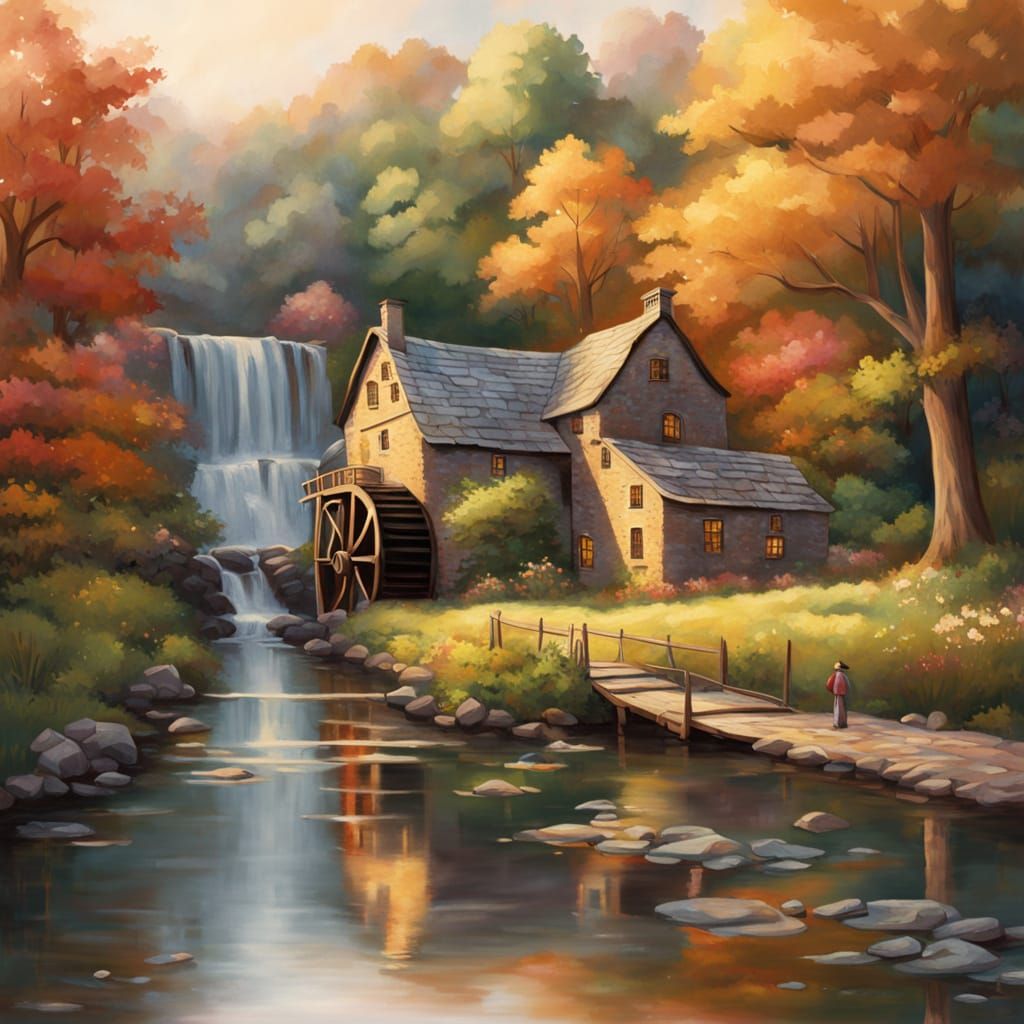 Rustic Grist Mill Scene in Golden Hour