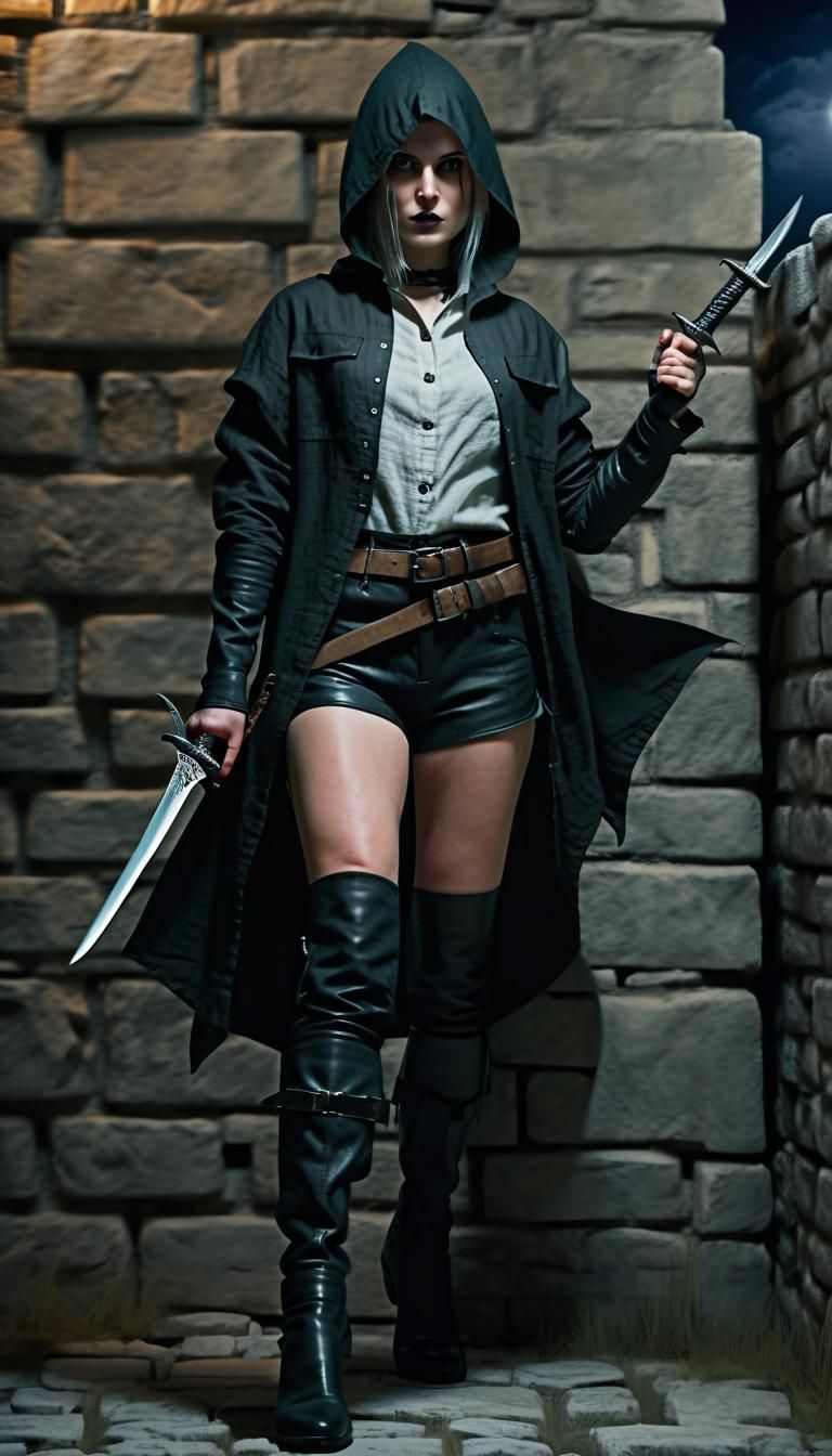 Medieval Female Assassin Sneaking in Fortress at Night