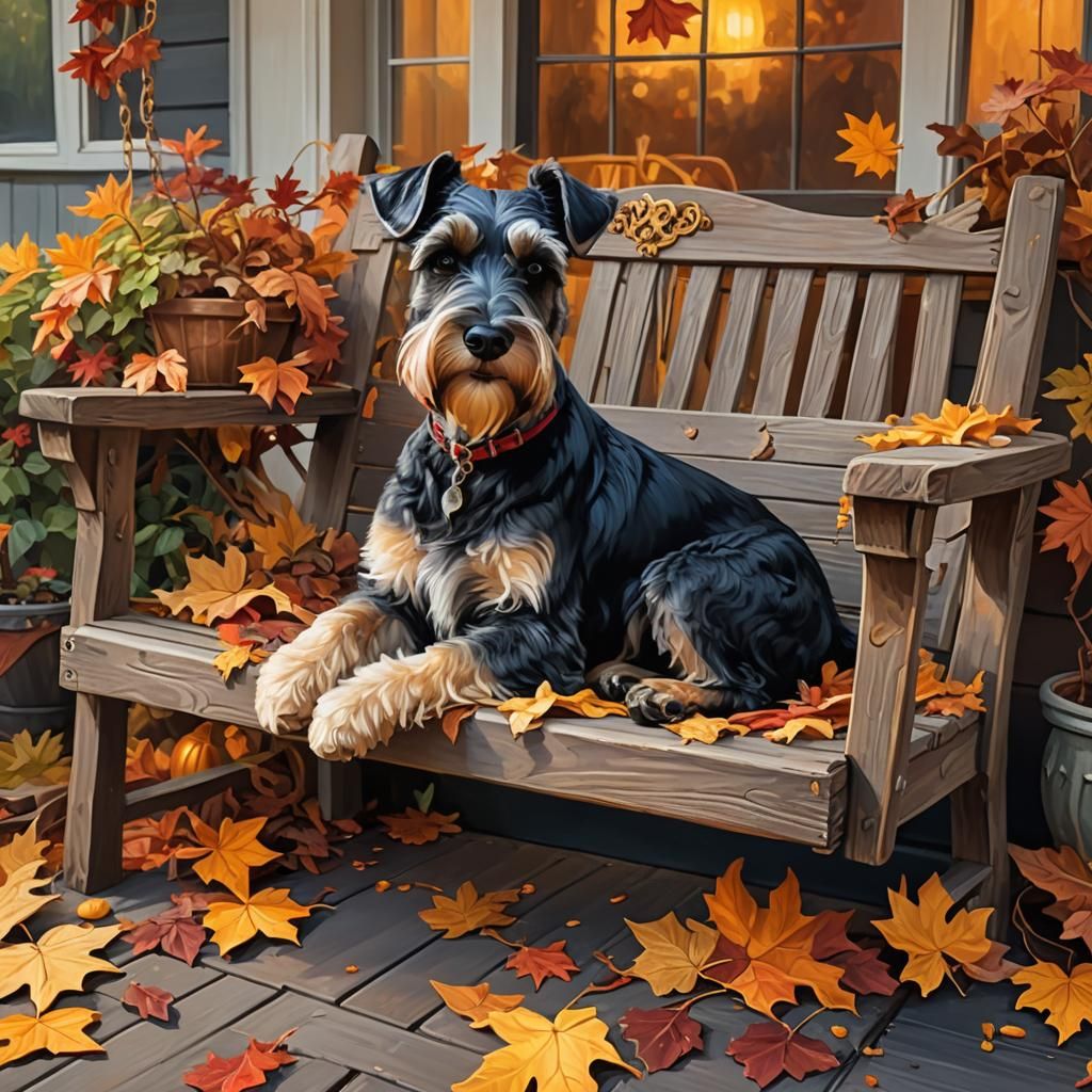 Schnauzer Dog on Autumn Porch Swing Painting