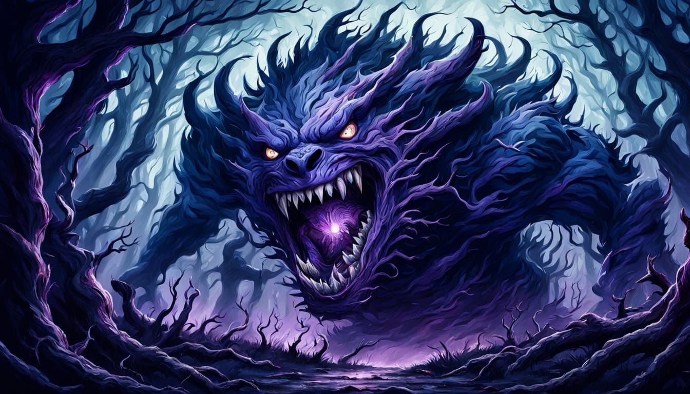 Surreal Monster Roars in Dark Forest Oil Painting