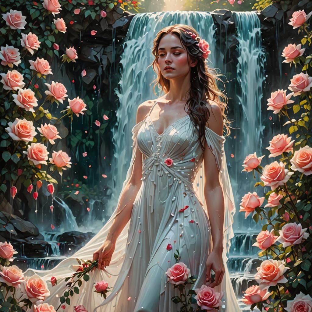 Woman and Roses by Waterfall in Oil Painting Style