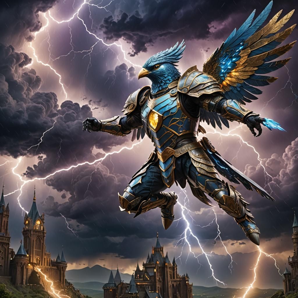 Armored Silver Bird in Stormy Landscape