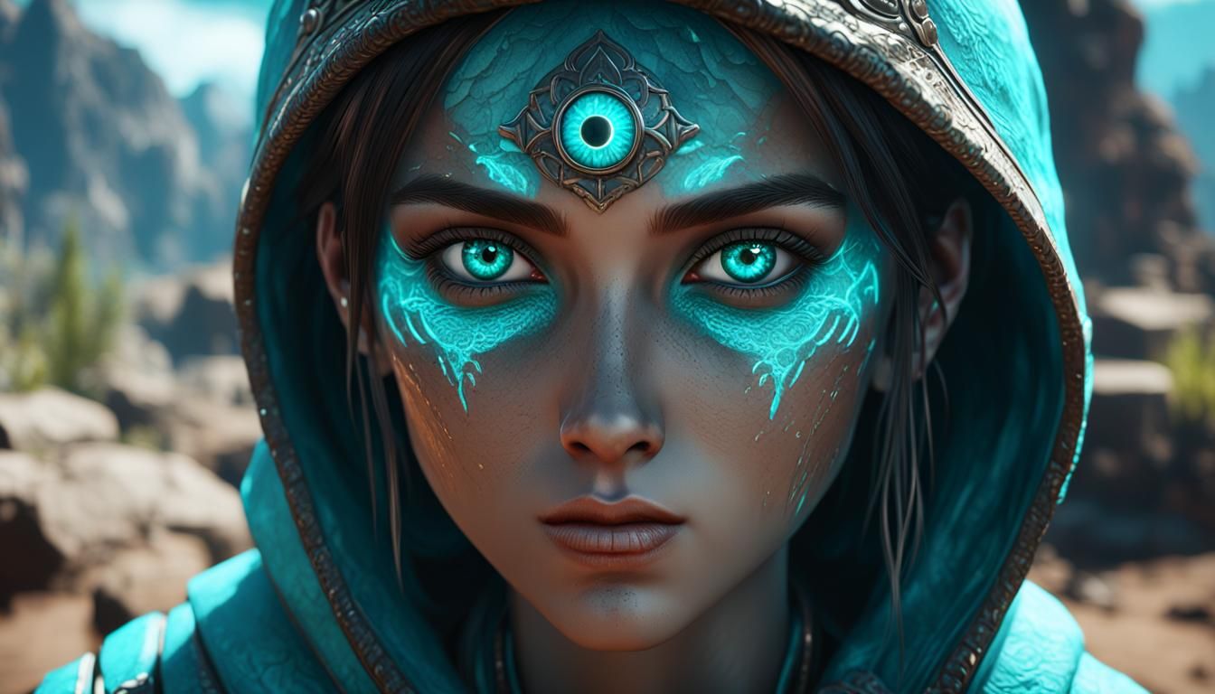 Stunning Turquoise Eyes in 3D Game Cinematic Style