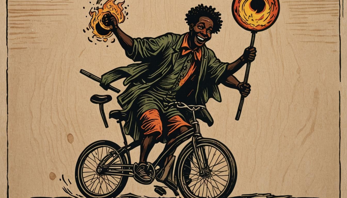 Black African Clown with short small dreadlocks riding a uni...