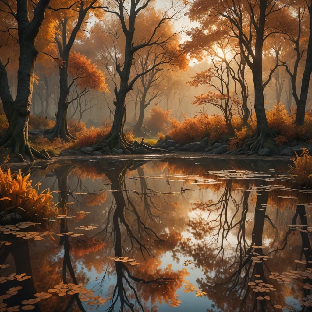 Autumn Pond Reflection in Fantasy Concept Art