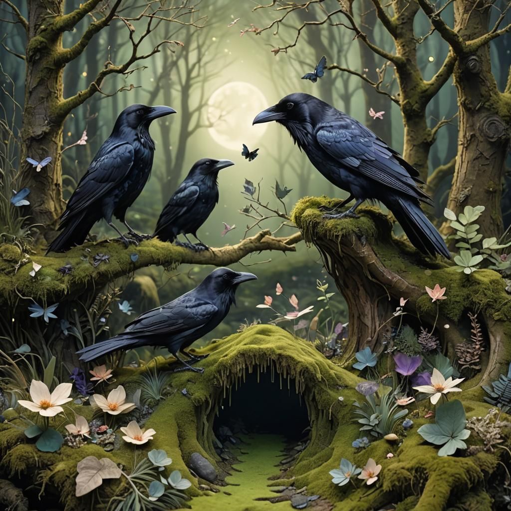 Moonlit Raven in Magical Forest with Fairies