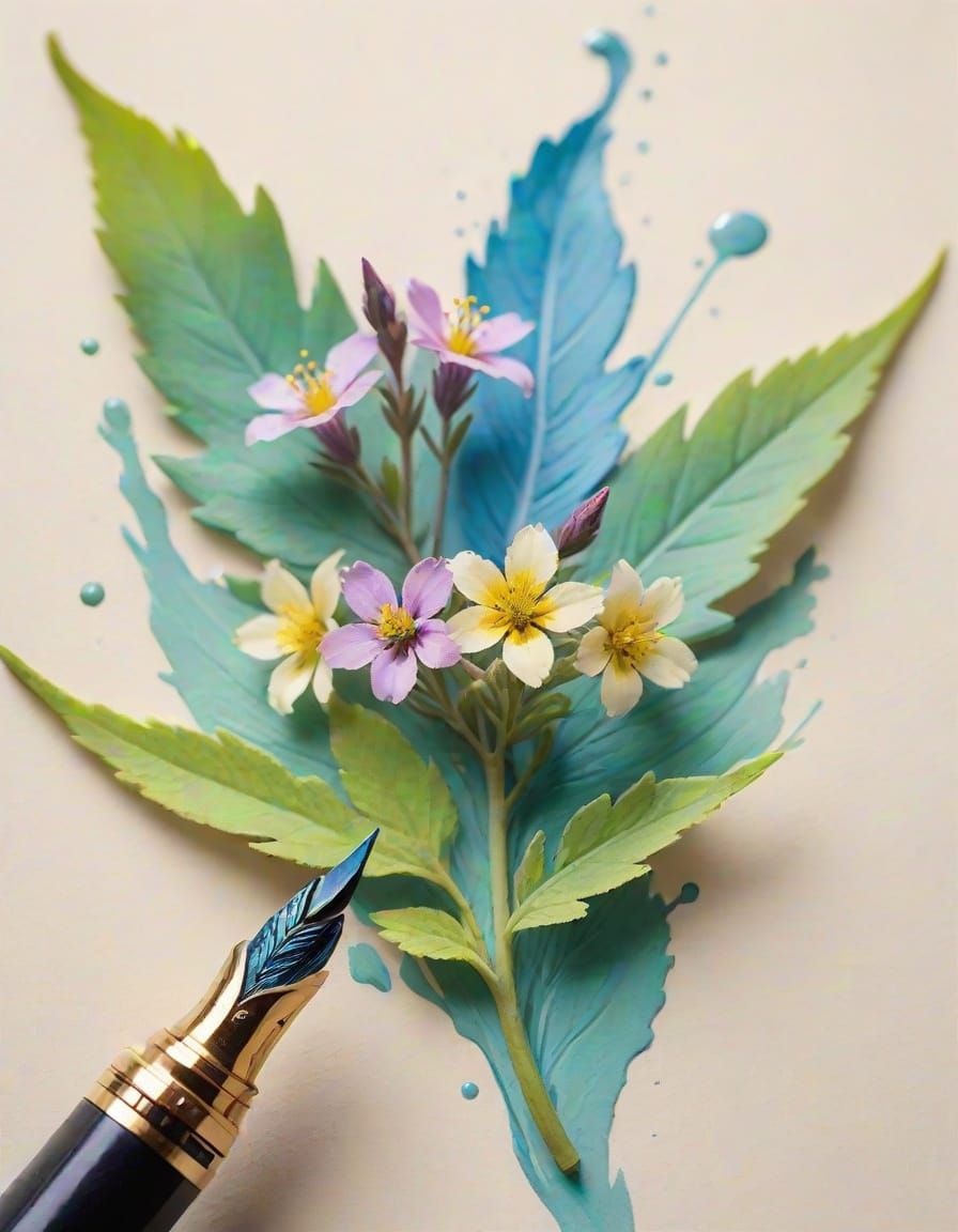 Wildflowers Bloom from Fountain Pen, Pastel Art
