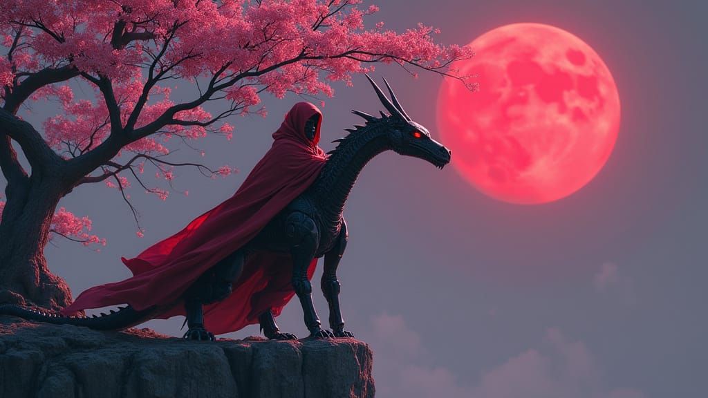 Robotic Dragon Assassin Under Cherry Blossoms