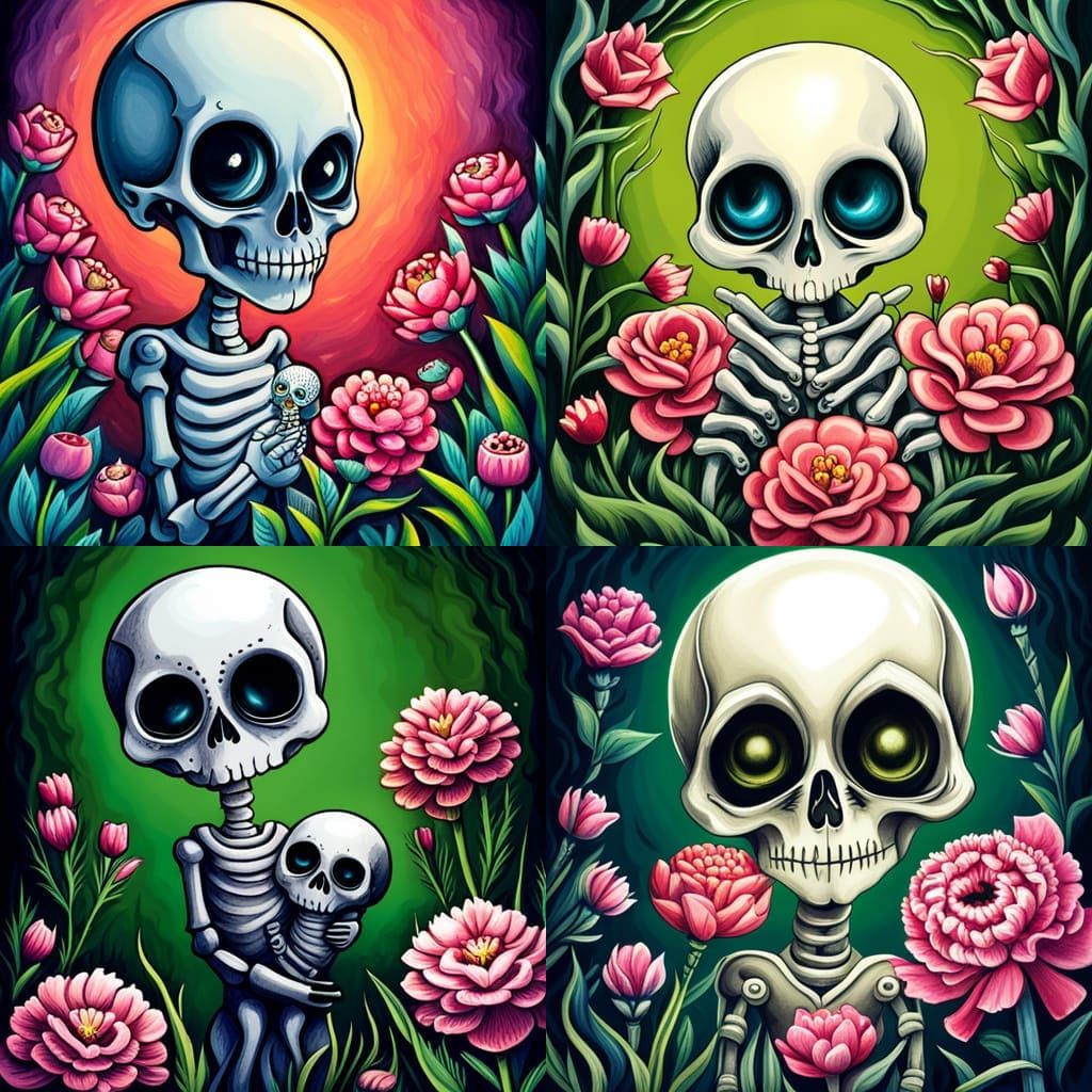 Cute Baby Skeleton in Eerie Carnation Garden