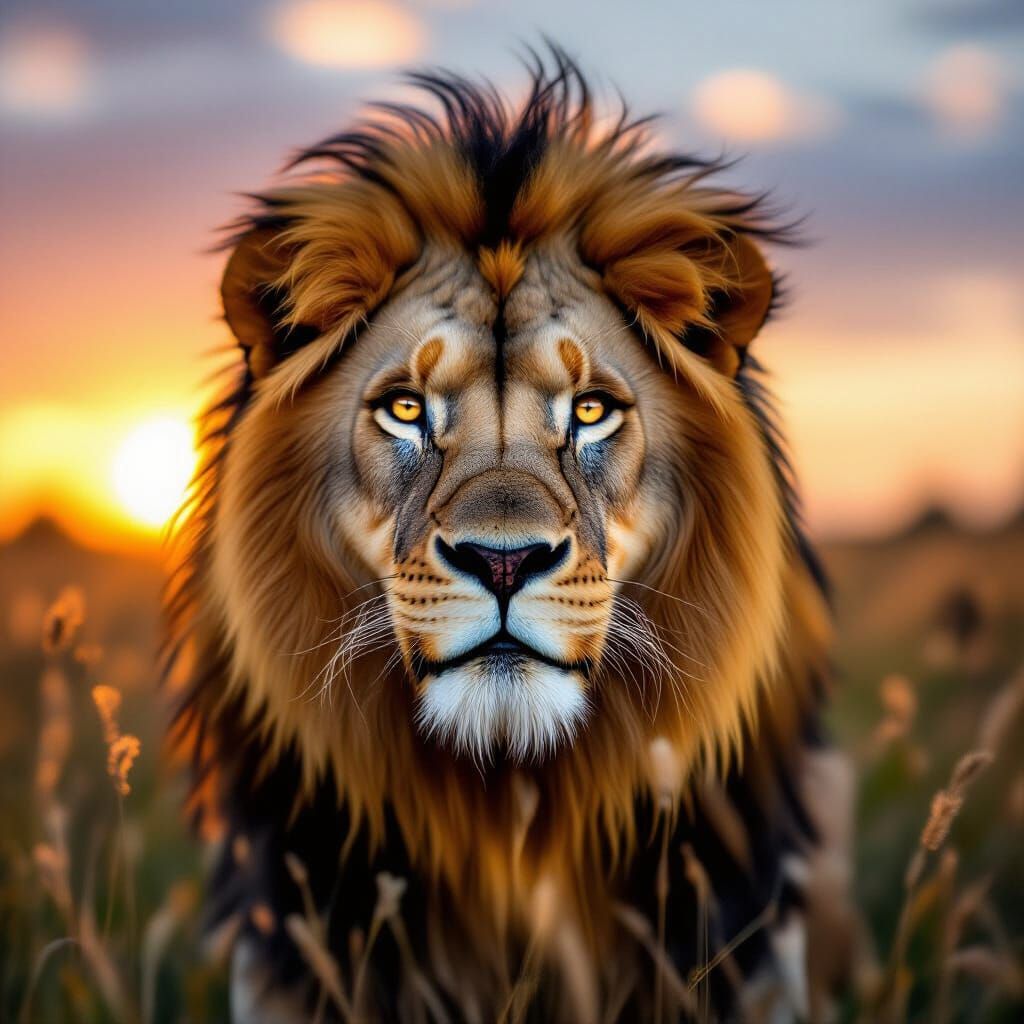 Majestic Lion at Sunset in Hyperrealistic Style