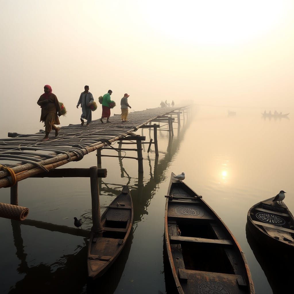 Rustic Bamboo Bridge Across Misty River in Rural Bangladesh