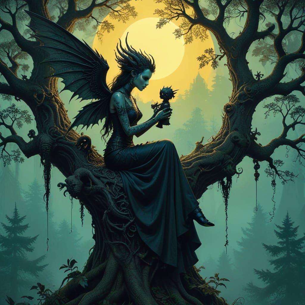 Evil Fairy Voodoo Doll of Dragon in Forest Collage Art