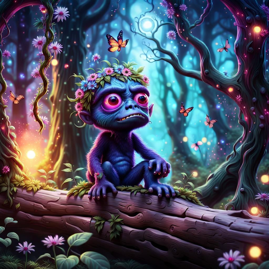 Purple and Black Cyclops in Magical Forest: Digital Art
