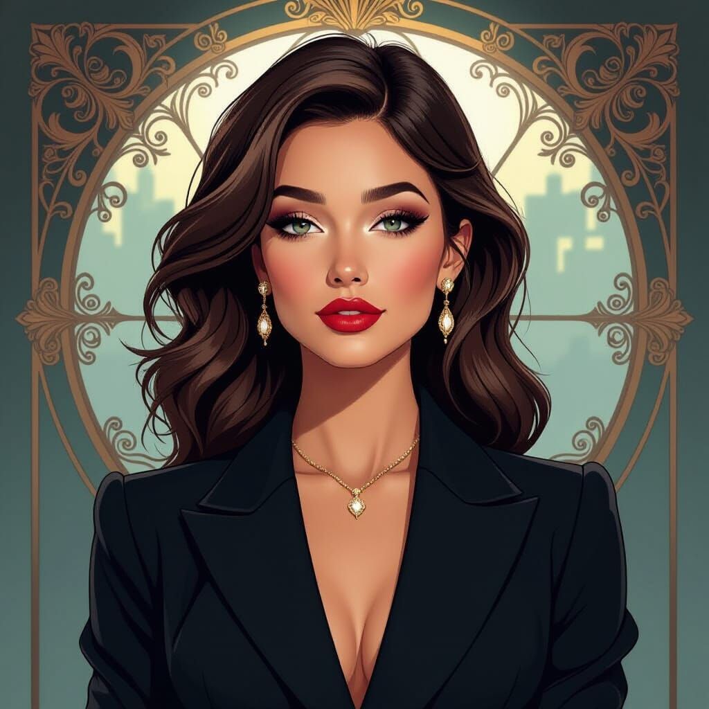 Elegant Woman in Chic Suit, Art Nouveau Style