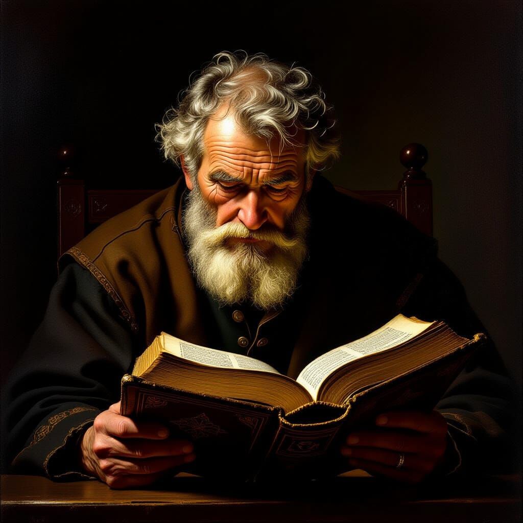 Elderly Man Contemplating Ancient Bible in Oil Painting Styl...