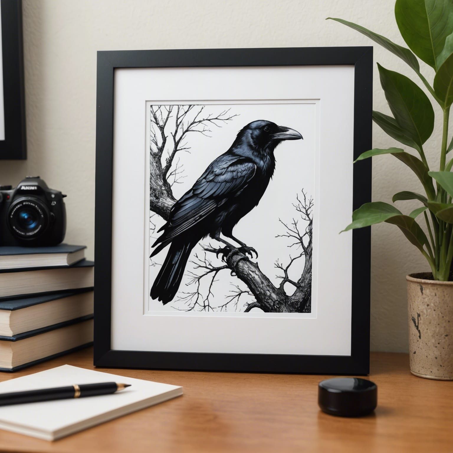 Ink Raven in Picture Frame Drawing