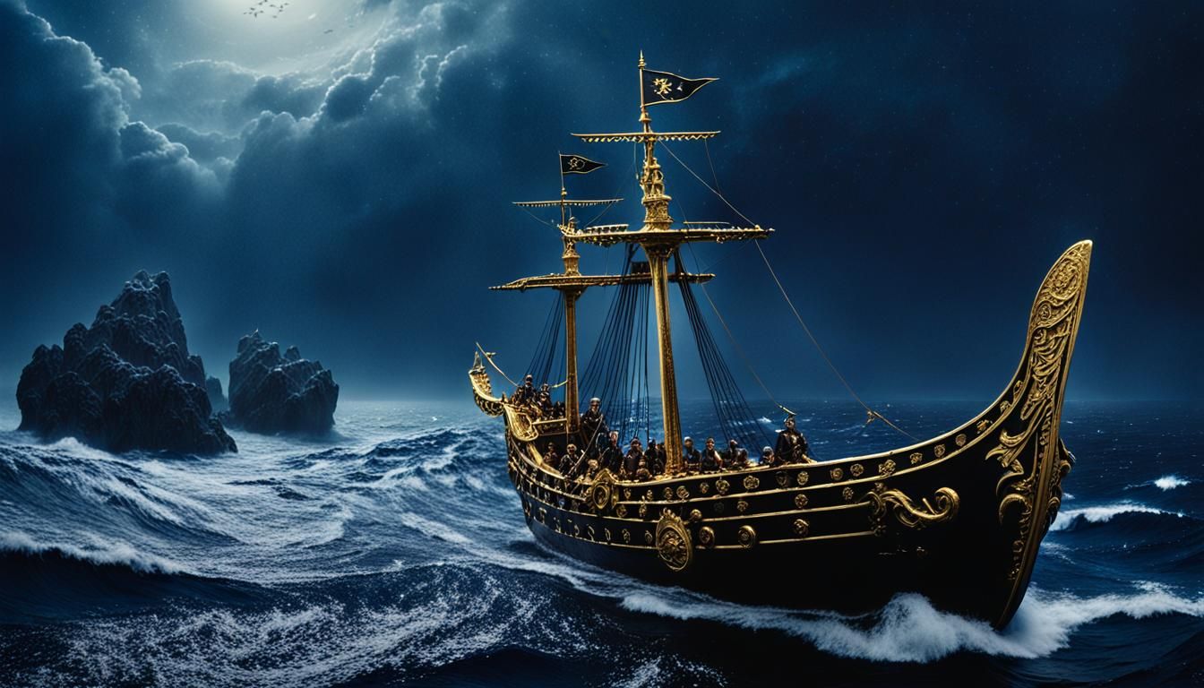 Poseidon Watching Caravels Sail in Stormy Seas