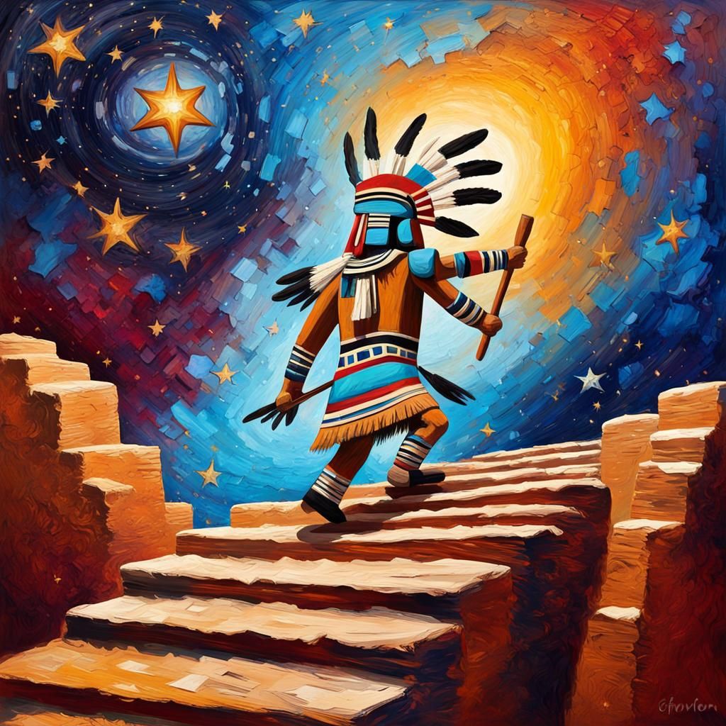 Hopi Kachina Ascends to Stars: Impasto Oil Painting