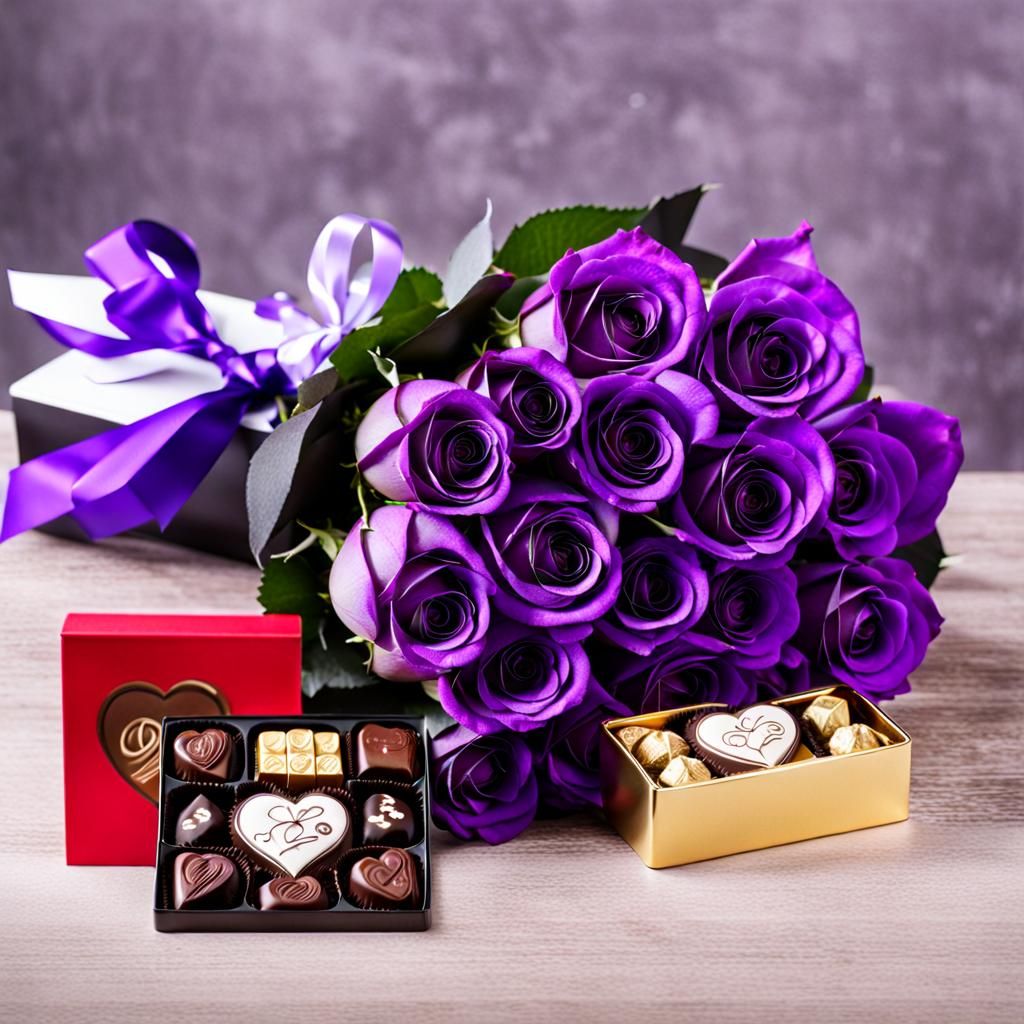 Black and Purple Roses with Chocolates