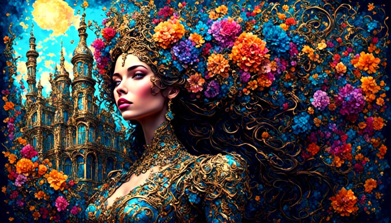 Floral Gown Woman in Ornate Palace Garden