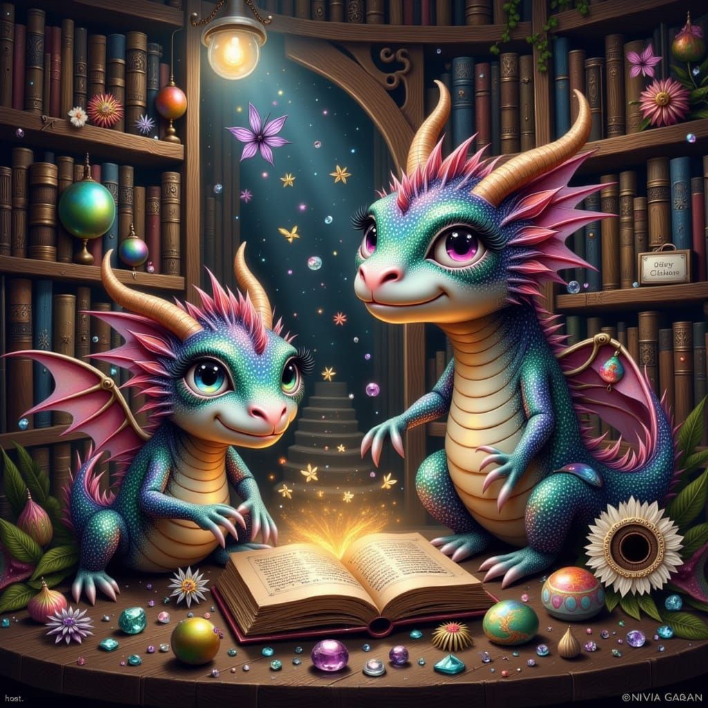 Whimsical Library World with Chubby Little Dragons