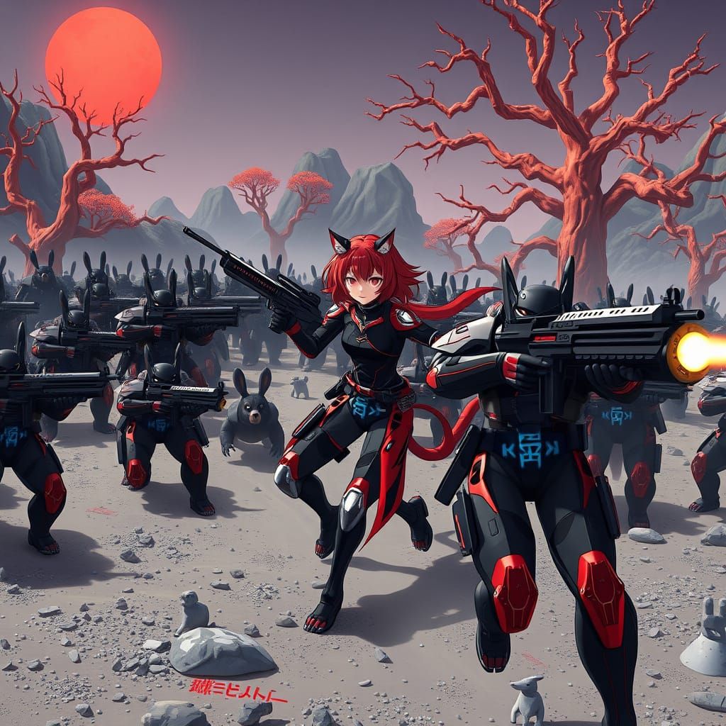 Fiery Redhead Demon Cat Girl Leads Rabbit Men into Battle