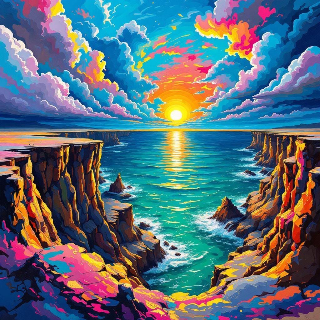 Aragonite Canyon Meets Emerald Ocean: Graffiti Art Sunset