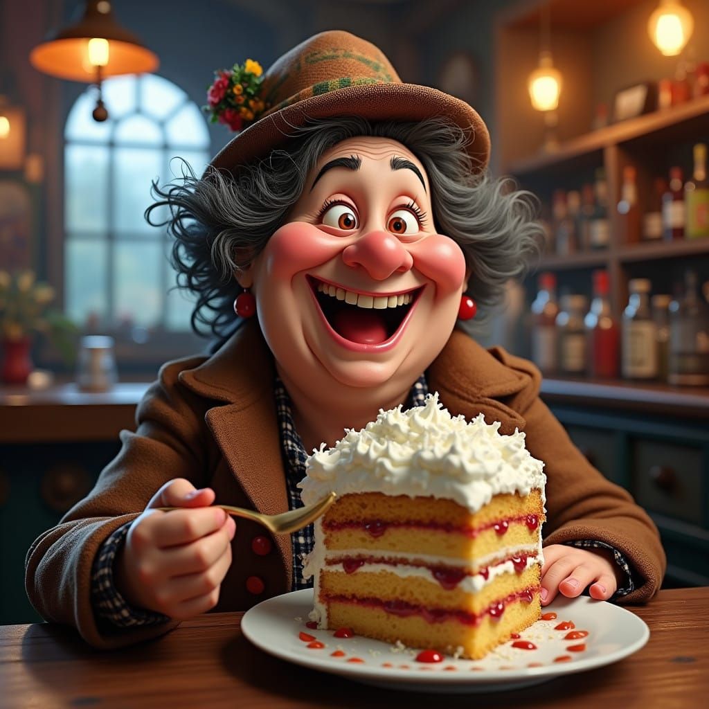 Hungry 3d cartoon, artwork: ((silly full body caricature)) of a ((happy crazy senior curvy model, wearing absurd, ridicu...